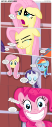 Size: 3300x7974 | Tagged: safe, artist:perfectblue97, fluttershy, pinkie pie, rainbow dash, rarity, earth pony, pegasus, pony, unicorn, comic:without magic, g4, barn, comic, context is for the weak, crying, floppy ears, squee, sweet apple acres
