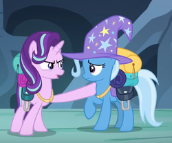 Size: 508x422 | Tagged: safe, screencap, starlight glimmer, trixie, pony, g4, to where and back again, cropped, saddle bag, trixie's hat
