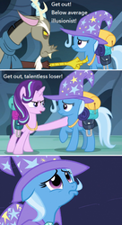 Size: 504x924 | Tagged: safe, edit, edited screencap, screencap, discord, starlight glimmer, trixie, pony, unicorn, g4, magic duel, to where and back again, angry, clothes, comic, female, frown, image macro, mare, meme, pouting, saddle bag, scarf, screencap comic, trixiebuse, unamused