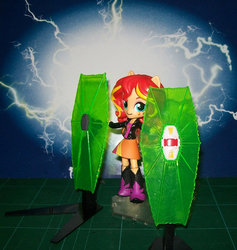 Size: 850x897 | Tagged: safe, sunset shimmer, equestria girls, g4, beam shield, clothes, doll, equestria girls minis, eqventures of the minis, irl, photo, shield, skirt, solo, toy