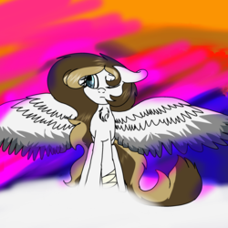 Size: 2000x2000 | Tagged: safe, artist:brokensilence, oc, oc only, oc:mira songheart, bandage, clothes, cloud, high res, large wings, long mane, one eye closed, ponysona, solo, sunset, wings
