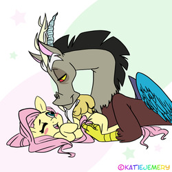Size: 1280x1280 | Tagged: dead source, safe, artist:sugarskulldragon, discord, fluttershy, g4, bedroom eyes, blushing, cute, discute, eye contact, looking at each other, male, on back, ship:discoshy, shipping, shyabetes, straight