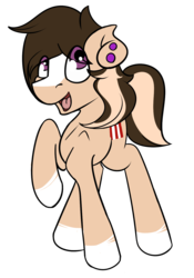 Size: 1052x1500 | Tagged: safe, artist:beardie, oc, oc only, oc:buttercream scotch, earth pony, pony, 2017 community collab, derpibooru community collaboration, blaze (coat marking), coat markings, ear piercing, facial markings, looking up, open mouth, piercing, raised hoof, simple background, smiling, solo, transparent background