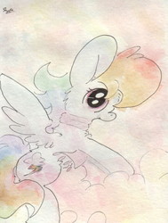 Size: 692x914 | Tagged: safe, artist:slightlyshade, rainbow dash, pegasus, pony, g4, clothes, cloud, female, looking at you, mare, open mouth, scarf, solo, spread wings, traditional art, watercolor painting, wings