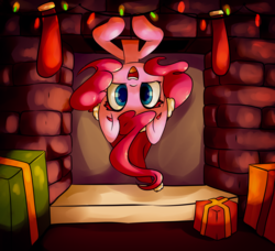 Size: 4500x4102 | Tagged: safe, artist:luxaestas, pinkie pie, earth pony, pony, g4, absurd resolution, chimney, christmas, christmas lights, christmas stocking, colored pupils, cute, diapinkes, featured image, female, fireplace, happy, hat, looking at you, open mouth, present, santa hat, smiling, solo, upside down