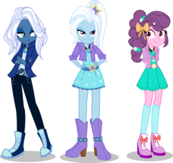 Size: 7000x6594 | Tagged: safe, artist:limedazzle, night glider, sugar belle, trixie, equestria girls, g4, absurd resolution, alternate universe, clothes, clothes swap, dress, equestria girls-ified, evil smile, grin, shoes, show accurate, simple background, smiling, sneakers, the dazzlings, transparent background, trio