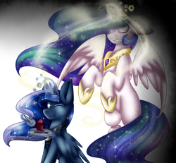 Size: 3250x3000 | Tagged: safe, artist:fernwolfstar, princess celestia, princess luna, g4, cake, floppy ears, food, fork, gritted teeth, high res, magic, rearing, spread wings, telekinesis, this will end in tears and/or a journey to the moon