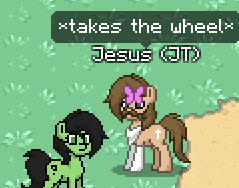 Size: 239x188 | Tagged: safe, oc, oc only, oc:anon, oc:filly anon, butterfly, pony, pony town, female, filly, grass, jesus christ, jesus take the wheel, meme