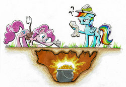 Size: 1024x704 | Tagged: safe, artist:helmie-art, pinkie pie, rainbow dash, earth pony, pegasus, pony, g4, colored pencil drawing, female, gold, grin, hat, mare, marker drawing, pot of gold, saddle bag, shovel, smiling, traditional art, treasure, treasure hunting, treasure map