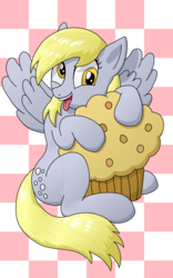Size: 1200x1920 | Tagged: safe, artist:jerichoblt, derpy hooves, pegasus, pony, g4, female, food, giant muffin, mare, muffin, solo, spread wings, that pony sure does love muffins, tongue out