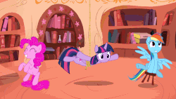 Size: 1000x563 | Tagged: safe, pinkie pie, rainbow dash, twilight sparkle, alicorn, pony, applejack's "day" off, g4, testing testing 1-2-3, the saddle row review, animated, broom, chair, female, gif, i have done nothing productive all day, library, majestic as fuck, mission impossible, pinkie being pinkie, pinkie physics, prehensile tail, rope, stooldash, sweeping, sweepsweepsweep, swinging, tailcopter, twilight sparkle (alicorn)