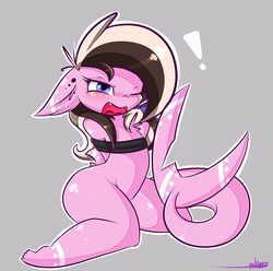 Size: 2055x2041 | Tagged: safe, artist:ashee, oc, oc only, oc:ashee, original species, shark, shark pony, anthro, semi-anthro, anthro oc, blushing, bondage, chest fluff, exclamation point, fangs, female, high res, shy, solo, tied up
