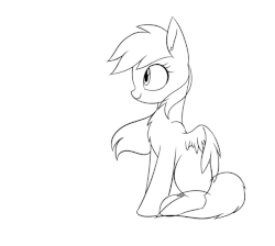 Size: 657x588 | Tagged: safe, artist:aureai-sketches, derpy hooves, pegasus, pony, g4, animated, blinking, female, frame by frame, gif, happy, lineart, mare, profile, simple background, sitting, smiling, solo, spread wings, white background, windswept mane, wip