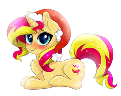 Size: 1503x1197 | Tagged: safe, artist:confetticakez, sunset shimmer, pony, unicorn, g4, blushing, chest fluff, cute, female, hat, hnnng, looking at you, prone, pumkinroll is trying to murder us, santa hat, shimmerbetes, simple background, smiling, snow, solo, white background