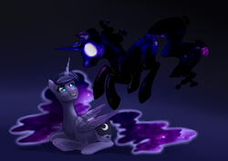 Size: 1200x848 | Tagged: safe, artist:murzik-teijiro, princess luna, tantabus, g4, female, glowing eyes, happy, hello darkness my old friend, looking at each other, missing accessory, prone, shadow, smiling, solo