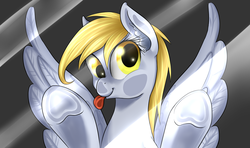 Size: 2000x1185 | Tagged: safe, artist:murzik-teijiro, derpy hooves, pegasus, pony, g4, against glass, female, glass, mare, solo, spread wings, tongue out, underhoof