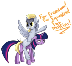 Size: 2000x1830 | Tagged: safe, artist:murzik-teijiro, derpy hooves, twilight sparkle, alicorn, pony, g4, floppy ears, helmet, muffin, ponies riding ponies, riding, simple background, spread wings, that pony sure does love muffins, transparent background, twilight sparkle (alicorn), twilight sparkle is not amused, unamused, unshorn fetlocks