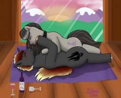 Size: 2400x1950 | Tagged: safe, artist:lazyfable, octavia melody, oc, g4, alcohol, canon x oc, cuddling, shipping, snuggling, sunset, wine