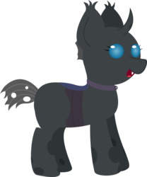 Size: 5248x6309 | Tagged: safe, artist:plone, oc, oc only, oc:kala'loa, changeling, absurd resolution, changeling oc, collar, cuteling, fangs, female, horn, open mouth, purple changeling, simple background, smiling, solo, standing, transparent background, vector