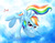 Size: 1900x1500 | Tagged: safe, artist:joakaha, rainbow dash, g4, cloud, female, flying, grin, implied twilight sparkle, offscreen character, smiling, solo