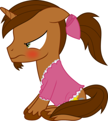 Size: 1000x1124 | Tagged: safe, artist:waveywaves, oc, oc only, oc:coppercore, pony, angry, blushing, bow, clothes, crossdressing, dress, frilly dress, hair bow, male, simple background, solo, stallion, transparent background, unshorn fetlocks