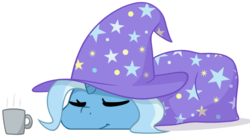 Size: 1280x703 | Tagged: safe, artist:furrgroup, trixie, pony, unicorn, g4, clothes, drink, eyes closed, female, hat, prone, simple background, sleeping, smiling, solo, trixie's cape, trixie's hat, white background