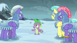 Size: 500x281 | Tagged: safe, edit, edited screencap, screencap, amethyst stone, spike, dragon, pegasus, pony, g4, the times they are a changeling, animated, death, discovery family logo, disintegration, eyes closed, gif, glare, grin, guard, i can't believe it's not superedit, laser, magic blast, male, pointing, smiling, snow, stallion, wide eyes