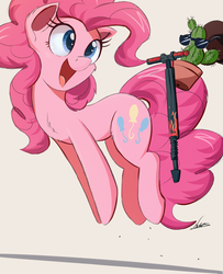 Size: 2500x3082 | Tagged: safe, artist:ncmares, pinkie pie, earth pony, pony, g4, cactus, chest fluff, cute, diapinkes, female, fluffy, high res, jumping, mare, open mouth, pogo stick, smiling, sunglasses
