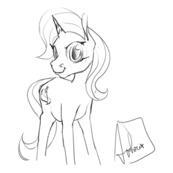 Size: 1024x1024 | Tagged: safe, artist:archonix, trixie, pony, unicorn, g4, female, grayscale, looking at you, mare, monochrome, simple background, sketch, smiling, smirk, solo, white background