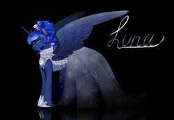 Size: 2600x1800 | Tagged: safe, artist:maria-fly, princess luna, g4, alternate hairstyle, beautiful, clothes, dress, female, looking at you, ruff (clothing), smiling, solo