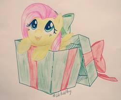 Size: 1945x1622 | Tagged: safe, artist:lilapudelpony, fluttershy, pegasus, pony, g4, bow, box, cute, female, flutterbox, hair bow, happy, leaning, looking up, open mouth, pony in a box, present, shyabetes, smiling, solo, spread wings, traditional art