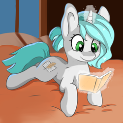 Size: 3000x3000 | Tagged: safe, artist:dbleki, oc, oc only, oc:sophia green, pony, book, glowing horn, high res, horn, levitation, lying down, magic, reading, solo, telekinesis