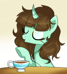 Size: 2000x2220 | Tagged: safe, artist:tokyone-chan, oc, oc only, pony, unicorn, curved horn, eyes closed, fancy, food, high res, horn, monocle, raised hoof, solo, tea, teacup