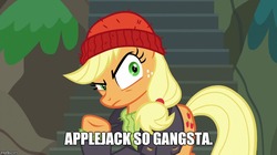 Size: 888x499 | Tagged: safe, edit, edited screencap, screencap, applejack, g4, ppov, caption, female, gangsta, glare, meme, pirate, solo