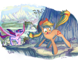 Size: 950x731 | Tagged: safe, artist:jowyb, applejack, twilight sparkle, alicorn, earth pony, pony, twijack weekly, g4, cliff, colored wings, colored wingtips, cracks, female, lesbian, mare, open mouth, peril, ship:twijack, shipping, twilight sparkle (alicorn), wide eyes