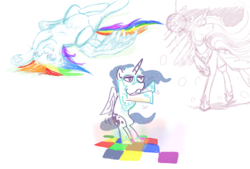 Size: 2000x1350 | Tagged: safe, artist:testostepone, nightmare moon, princess celestia, rainbow dash, pony, g4, bipedal, dance floor, dancing, eyes closed, on back, raised hoof, smiling, spread wings, underhoof