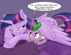 Size: 1925x1488 | Tagged: safe, artist:silfoe, spike, twilight sparkle, alicorn, dragon, pony, royal sketchbook, g4, baby, baby dragon, bed, blushing, cuddling, cute, cutie mark, dialogue, duo, female, horn, hug, implied rarity, looking at each other, male, mama twilight, mare, one eye closed, open mouth, prone, she knows, silfoe is trying to murder us, simple background, snuggling, speech bubble, spikabetes, spikelove, spread wings, tsundere, twiabetes, twilight sparkle (alicorn), wing blanket, winghug, wings