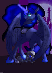 Size: 1024x1434 | Tagged: safe, artist:backlash91, princess luna, oc, oc:night mist, bat pony, pony, g4, bruised, canterlot, colt, crotchboobs, crying, foal, frown, glowing horn, gritted teeth, horn, male, moon, nipples, nudity, parent:princess luna, parents:canon x oc, protecting, spread wings, teats