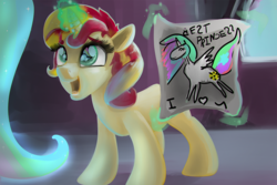 Size: 1200x800 | Tagged: safe, artist:mylittlegodzilla, princess celestia, sunset shimmer, alicorn, pony, unicorn, g4, best princess, cute, drawing, female, filly, filly sunset shimmer, magic, mare, offscreen character, open mouth, shimmerbetes, solo focus, telekinesis, this will end in tears, this will not end well, younger