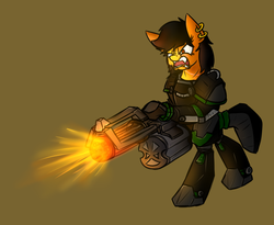 Size: 2200x1800 | Tagged: safe, artist:nekro-led, oc, oc only, oc:one-eyed lola, earth pony, pony, fallout equestria, brown background, minigun, piercing, power armor, powered exoskeleton, simple background, solo