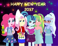 Size: 3500x2750 | Tagged: safe, artist:robukun, fluttershy, lemon zest, pinkie pie, sonata dusk, sugarcoat, equestria girls, g4, dutch, dutch cap, hat, high res, new year