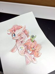 Size: 1536x2048 | Tagged: safe, artist:sibashen, gummy, pinkie pie, pony, g4, bipedal, butt, colored pupils, one eye closed, plot, traditional art, wink