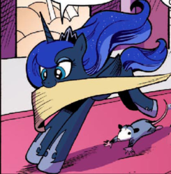 Size: 631x645 | Tagged: safe, artist:andy price, idw, official comic, princess luna, tiberius, pony, g4, micro-series #10, my little pony micro-series, cute, female, lunabetes, mouth hold, scroll, solo