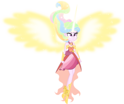 Size: 7000x5874 | Tagged: safe, artist:orin331, princess celestia, equestria girls, g4, absurd resolution, alternate universe, clothes, daydream-ified, dress, female, floating, glowing horn, glowing wings, horn, simple background, sleeveless, solo, strapless, transparent background, vector, younger