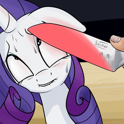 Size: 2000x2000 | Tagged: safe, artist:coinpo, rarity, human, pony, unicorn, g4, 1000 degree knife, abuse, abusive human, female, floppy ears, go to sleep zesty, hand, heat, high res, knife, lip bite, looking up, mare, meme, nervous, raribuse, solo, sweat, this will end in death, this will end in tears and/or death, wide eyes