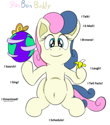 Size: 900x1024 | Tagged: safe, artist:xwoofyhoundx, bon bon, sweetie drops, butterfly, pony, g4, banana, belly button, bonpun, bonzi buddy, earth, female, food, globe, looking at you, pun, rule 85, simple background, smiling, solo, white background