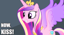 Size: 1024x571 | Tagged: safe, edit, edited screencap, screencap, princess cadance, alicorn, pony, equestria games (episode), g4, season 4, animated, caddy ships it, caption, female, gif, grin, mare, now kiss, princess of love, princess of shipping, shipper on deck, smiling, solo, spread wings