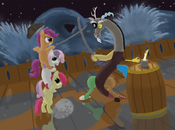 Size: 5377x3985 | Tagged: safe, artist:morevespenegas, apple bloom, discord, scootaloo, sweetie belle, g4, absurd resolution, cutie mark crusaders, fencing, pirate, saber, sword, weapon