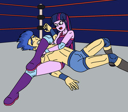 Size: 1672x1460 | Tagged: safe, artist:avispaneitor, flash sentry, twilight sparkle, equestria girls, g4, clothes, intergender wrestling, partial nudity, rocker, topless, wrestling