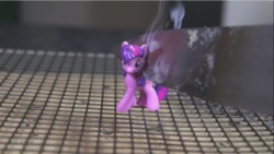 Size: 855x481 | Tagged: safe, twilight sparkle, pony, unicorn, g4, 1000 degree knife, abuse, edgy, irl, knife, maxmoefoe, melting, meme, parody, photo, smoke, solo, this will not end well, toy, toy abuse, twilybuse, why would you post that, youtube, youtube link